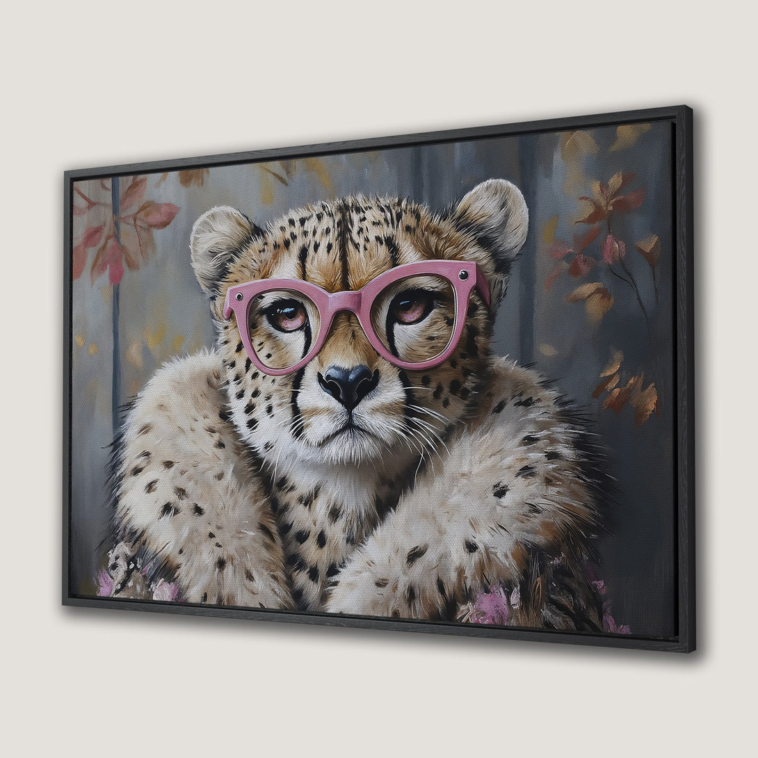 Framed Wall Art: Playful cheetah portrait wearing pink glasses. Modern, whimsical style with neutral and pink color palette. Perfect art for any room!