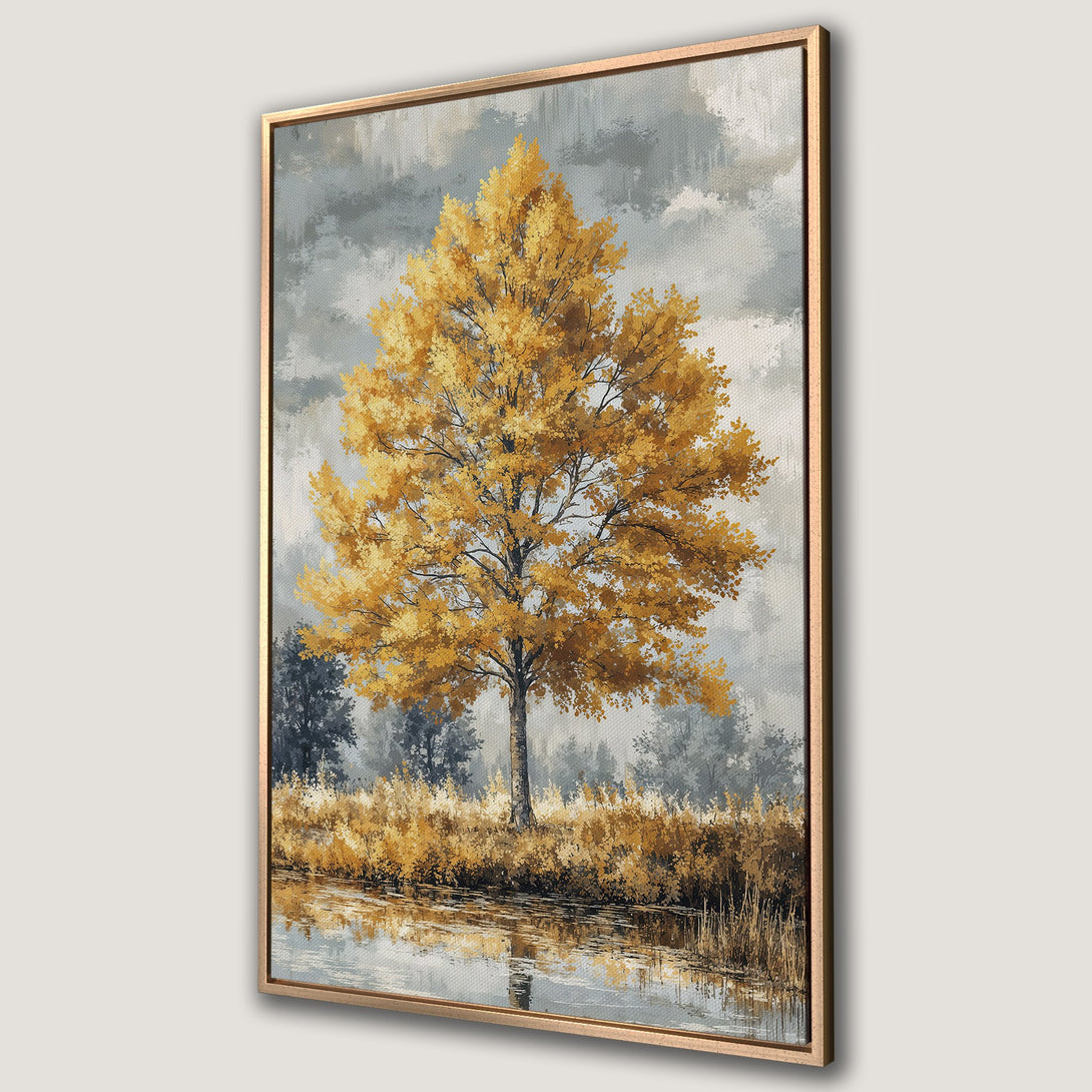Framed Wall Art featuring a golden tree landscape. Impressionistic style with a warm, autumnal color palette. Perfect for adding a touch of nature to your home.