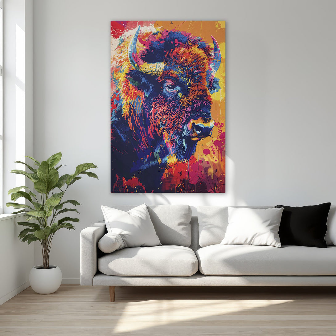 Framed Wall Art featuring a vibrant bison in a pop art style. Bold, colorful canvas print with a warm, rich palette of reds, oranges, and blues.