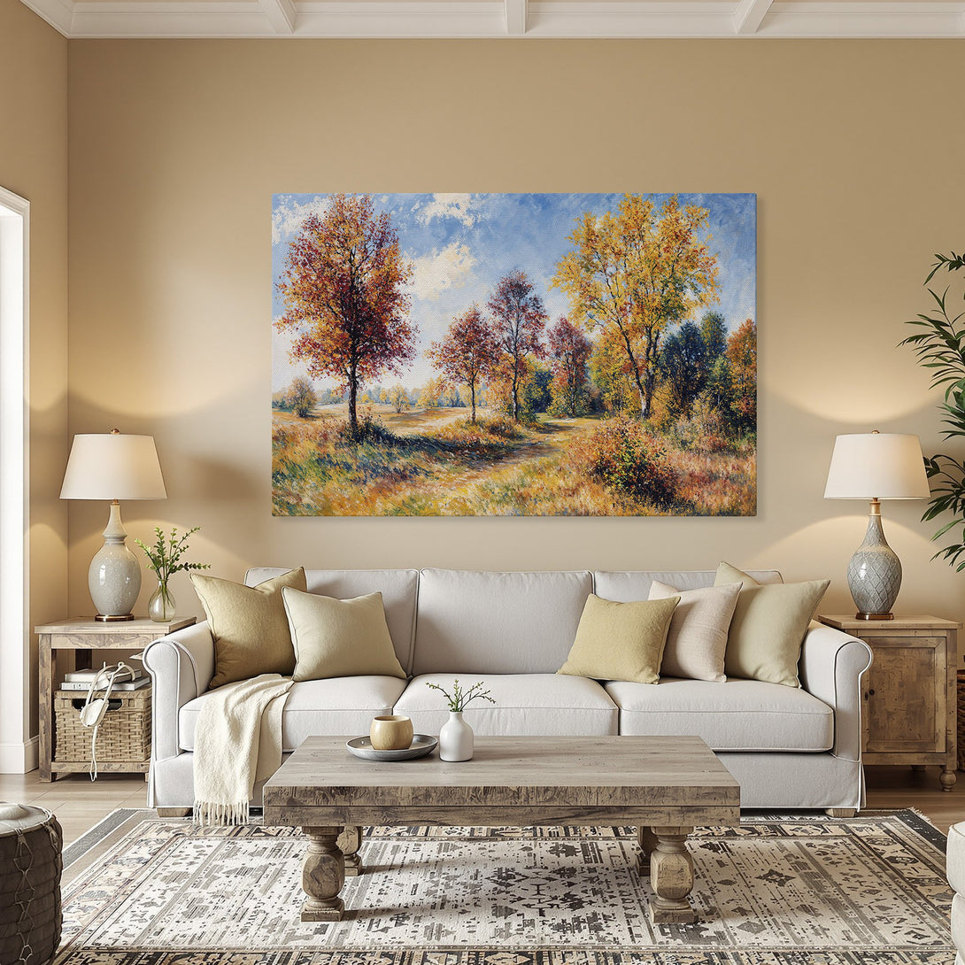Framed Wall Art: Autumn landscape Canvas Print with warm, earthy tones. Perfect for adding a touch of nature and elegance to your home decor.