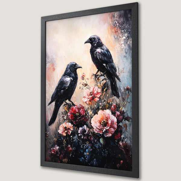 Framed Poster featuring black crows & flowers in an impressionistic style with a dark, moody color palette. Perfect wall art for your home!