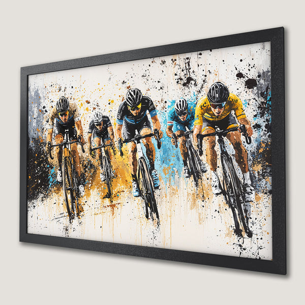 Framed Poster of cyclists in action. Abstract art style with a color palette of black, yellow, and blue. Perfect wall decor.