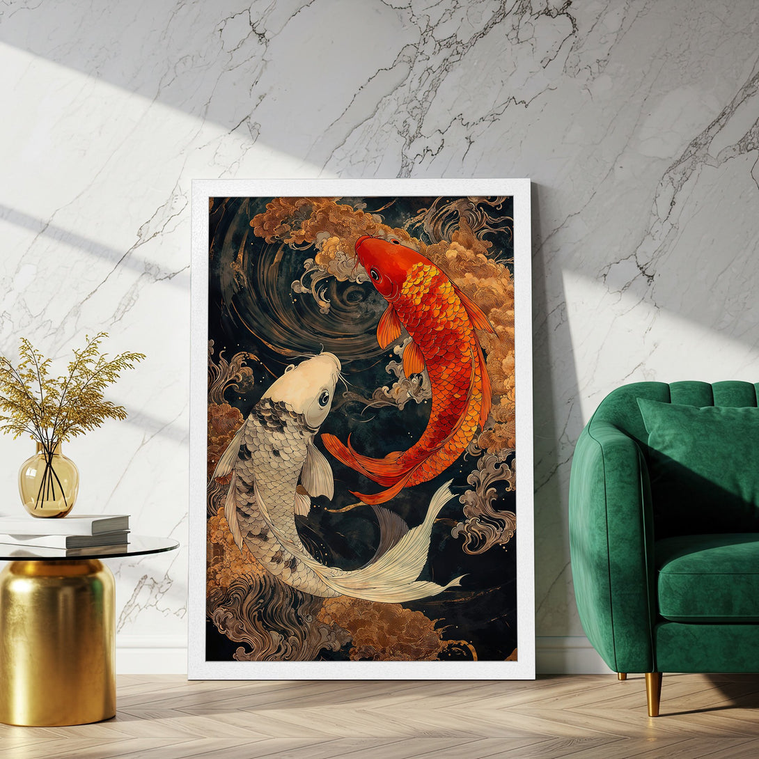 Framed Poster featuring koi fish in a watercolor style, with a dark and gold color palette. Perfect wall art for any space!
