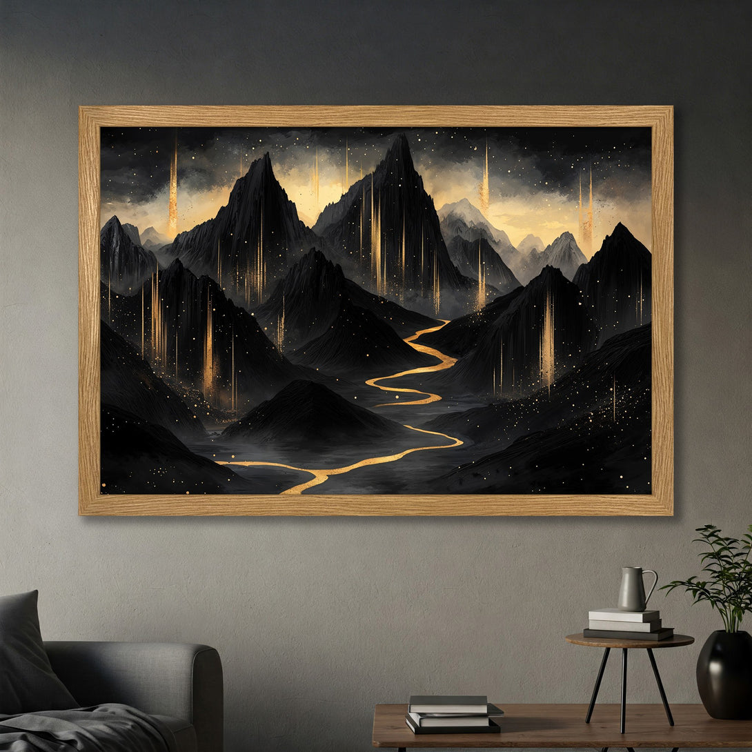 Framed Poster featuring a mystical mountain landscape in a dark, artistic style with gold accents. Perfect wall art!