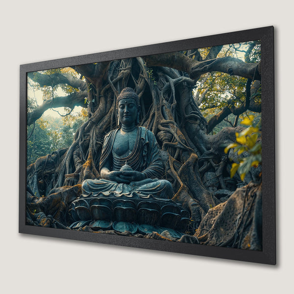 Framed Poster of Buddha statue in a serene forest. Earthy tones and detailed art style. Perfect for meditation.