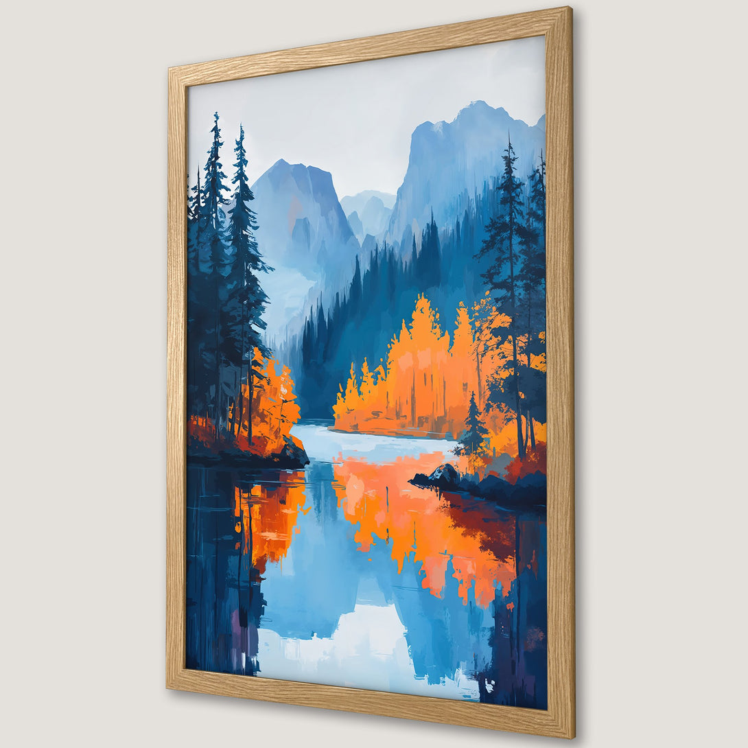 Framed Poster featuring a vibrant landscape painting with blue, orange, and teal hues. Artistic style depicting mountains and trees reflected in water.