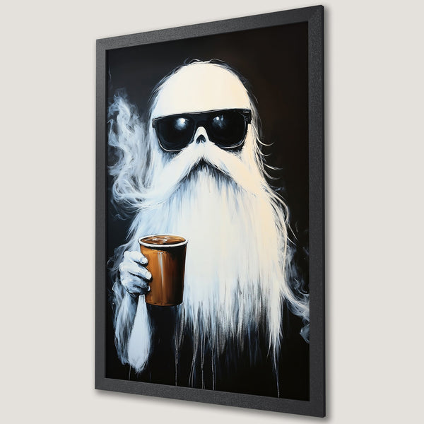 Framed Poster: Cool Santa with coffee, black & white art print. Unique wall decor for your home or office. Shop now!