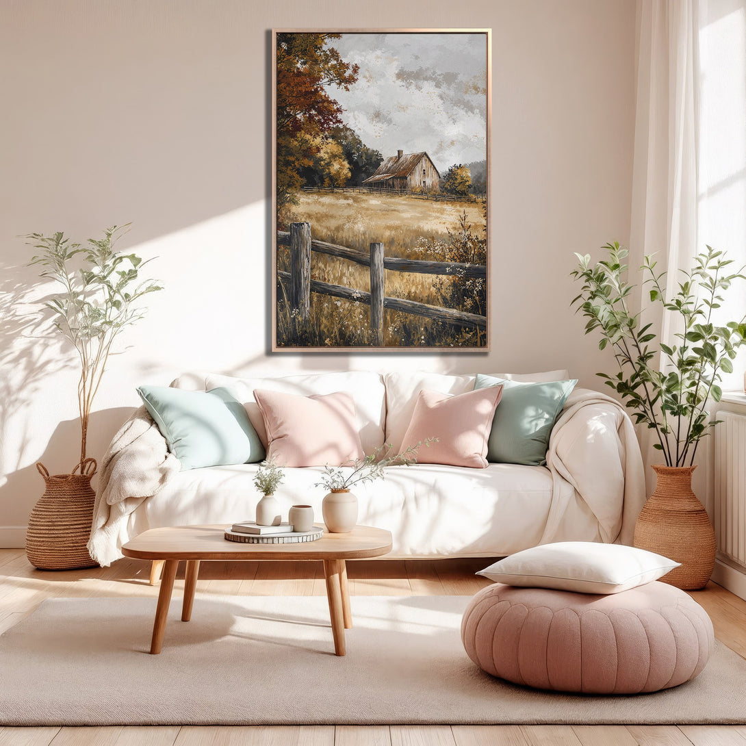Framed Wall Art: Rustic landscape Canvas Print with a warm, neutral color palette. Perfect for adding a touch of nature-inspired art to your home decor.