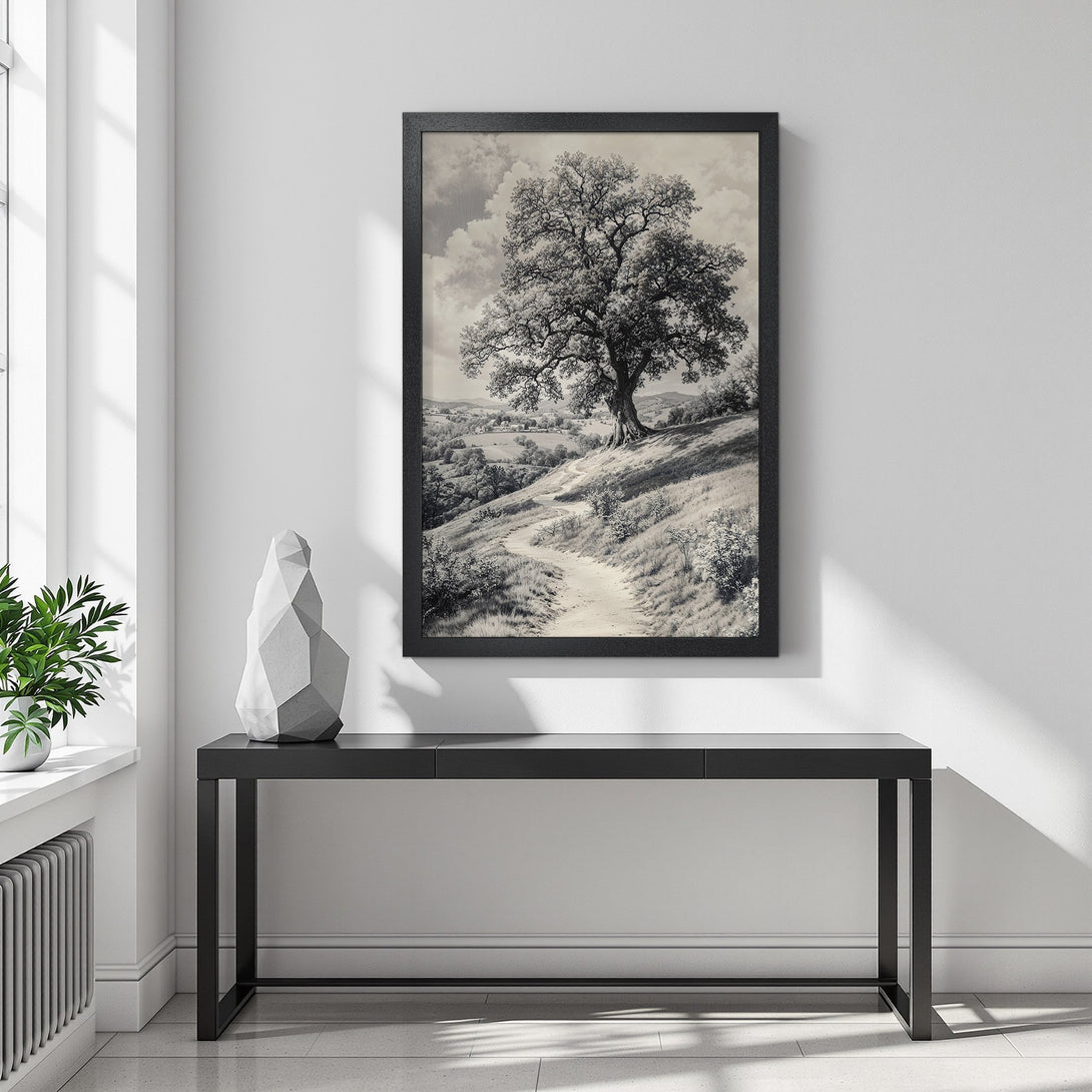 Framed Poster featuring a serene landscape scene in grayscale. Enhance your space with this timeless art piece.