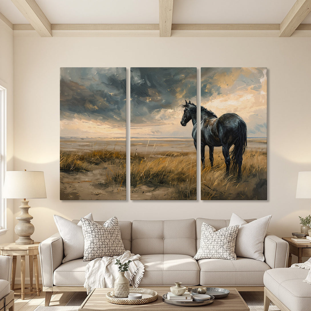 Canvas Print of a majestic black horse in a field, painted in a dramatic, impressionistic style with a moody, neutral color palette.