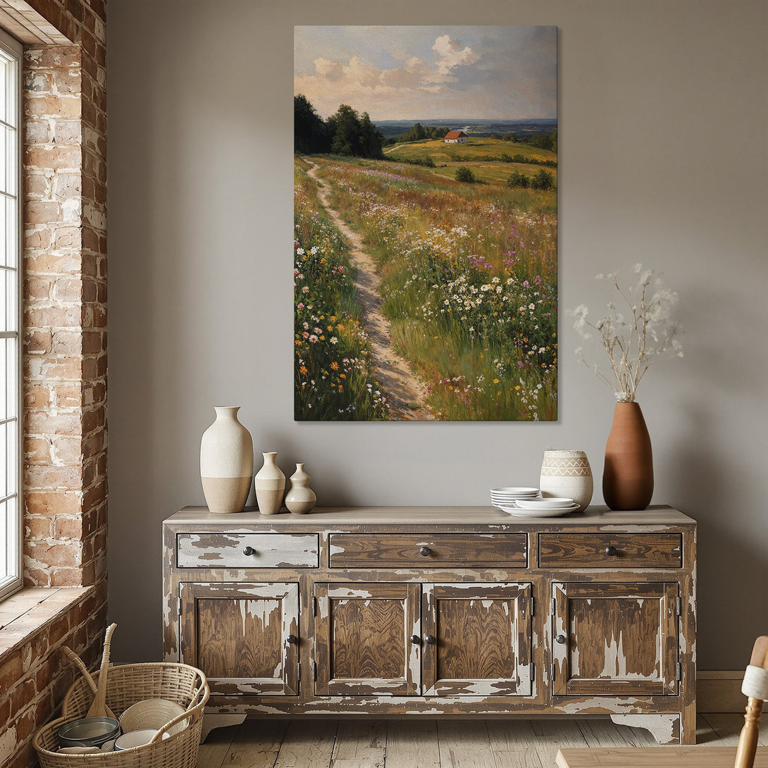 Framed Wall Art: Pastoral landscape Canvas Print in warm, earthy tones. Features a path through a field of wildflowers, perfect for any home.