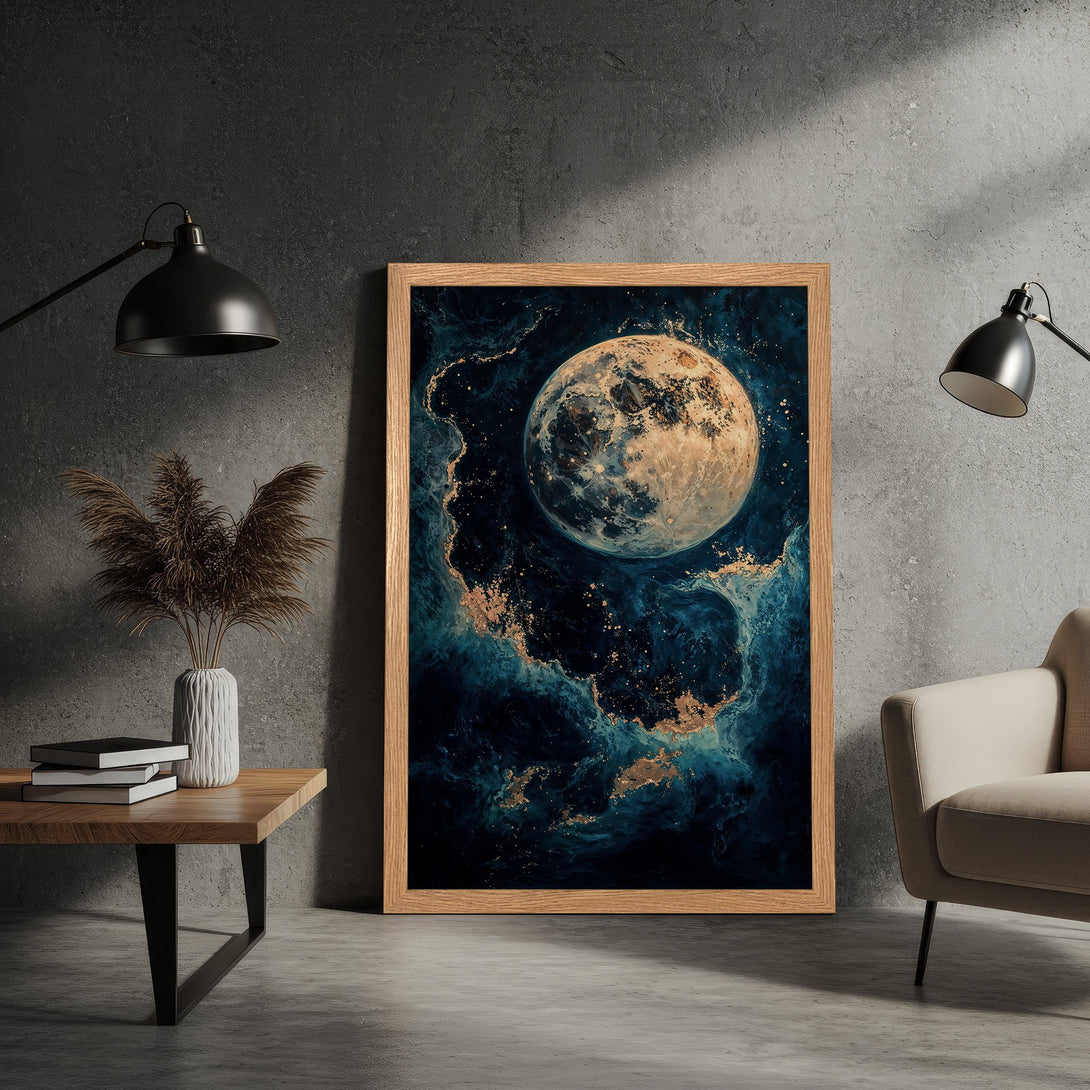 Framed Poster featuring a celestial moon art print in a dark blue and gold color palette, perfect for home decor.