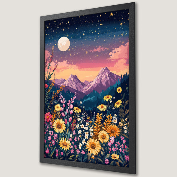 Framed Poster featuring a dreamy landscape with mountains, flowers, and a night sky. Vibrant colors and whimsical style. Perfect wall art!