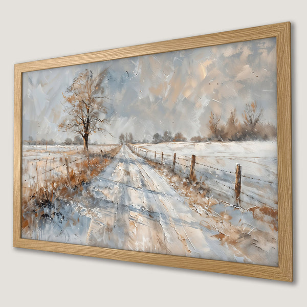 Framed Poster of a winter landscape painting in neutral tones. Adds a touch of serenity to any room.