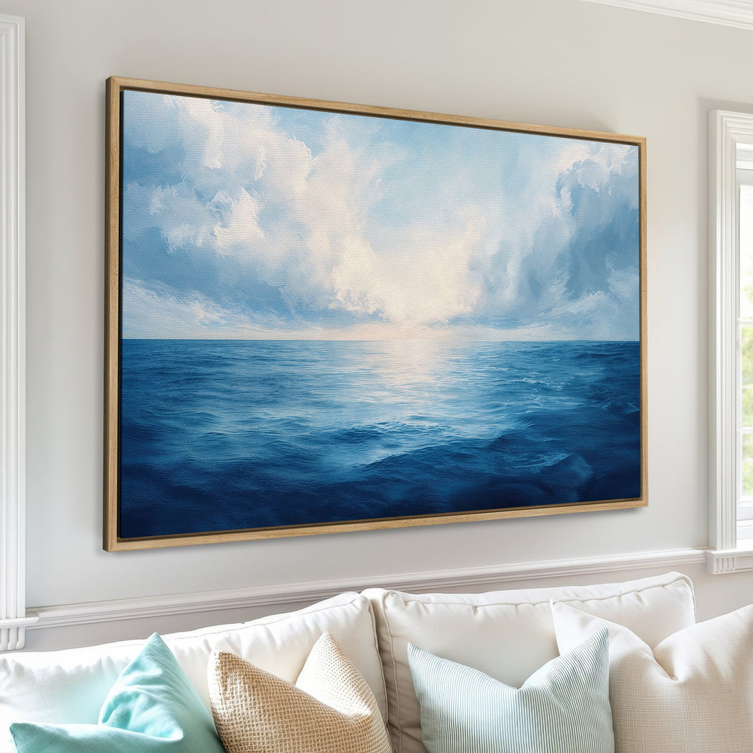 Framed Wall Art Canvas Print of ocean landscape in blue and white, perfect for coastal decor. Add serene vibes to your home!
