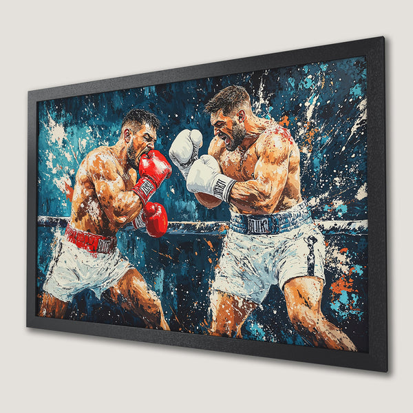 Framed Poster featuring a dynamic boxing match in a vibrant, abstract style with a blue, orange, and white color palette. Perfect for sports fans!