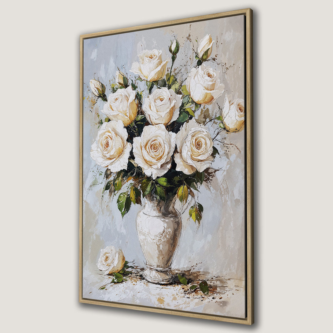 Framed Wall Art: Elegant canvas print of white roses in a vase, painted in a soft, impressionistic style. Neutral color palette for a timeless home decor statement.