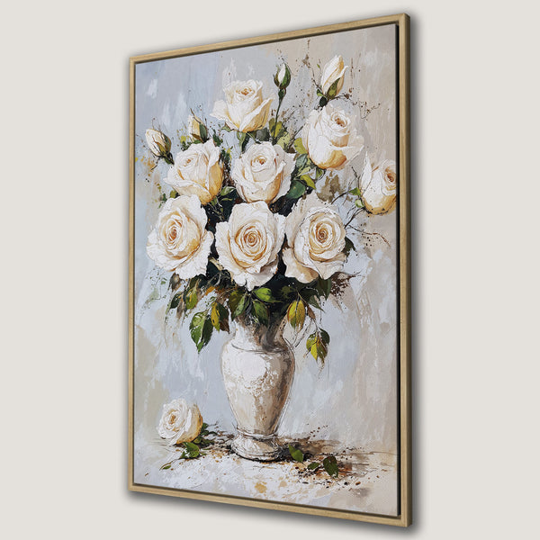Framed Wall Art: Elegant canvas print of white roses in a vase, painted in a soft, impressionistic style. Neutral color palette for a timeless home decor statement.