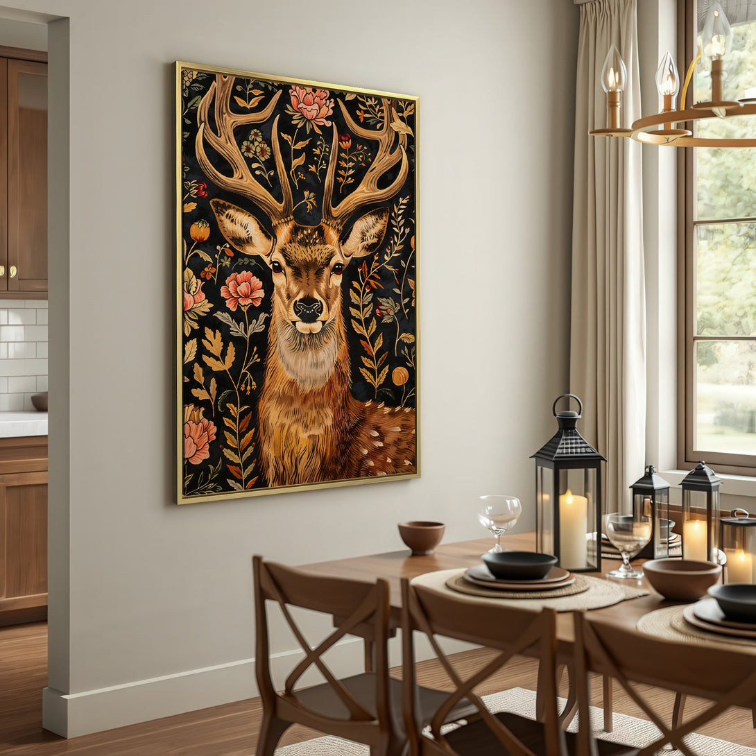 Canvas Print: Majestic deer art with floral details. Warm, earthy tones and a touch of vintage charm for your home decor.