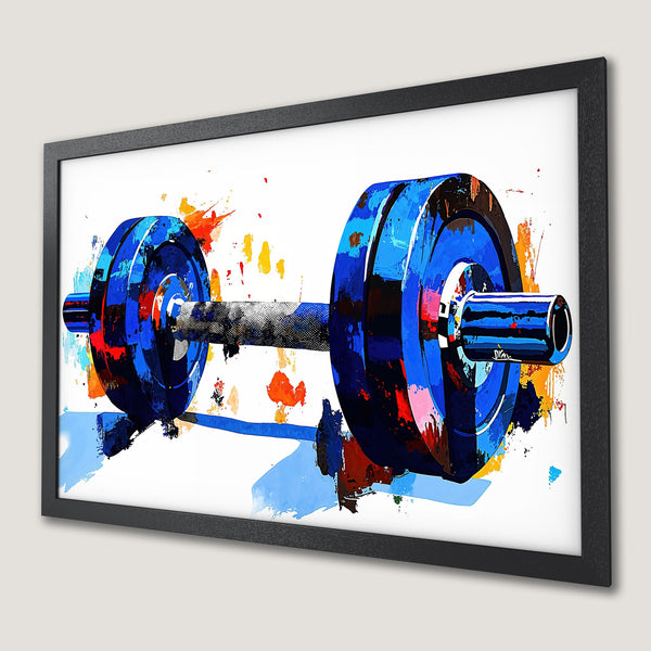 Framed Poster of a vibrant, abstract dumbbell painting. Bold blue, orange, and white color palette. Perfect gym decor!