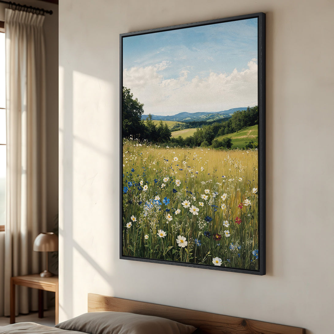 Framed Wall Art: Landscape Canvas Print of a wildflower meadow with blue, white, and yellow hues, adding a touch of nature to any room.
