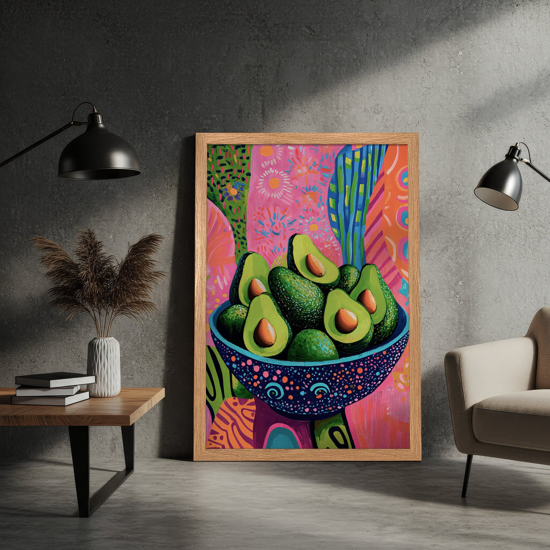 Framed Poster featuring vibrant avocado art in a colorful, modern style with a pink and green palette. Perfect wall decor!