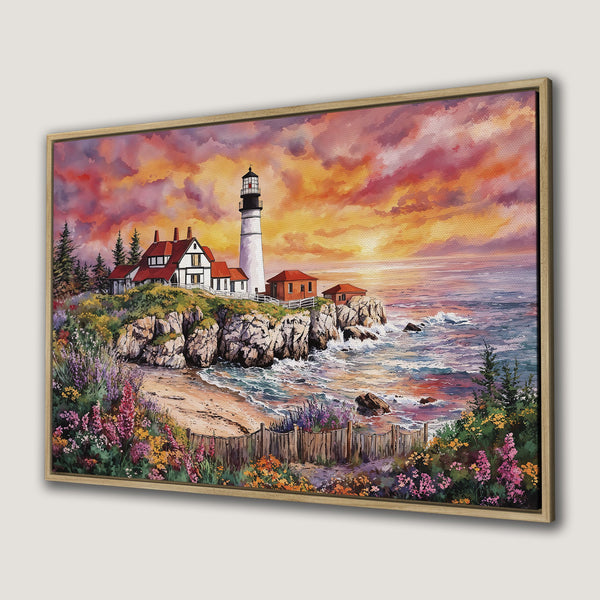 Framed Wall Art: Coastal lighthouse painting with warm sunset hues. Beautiful canvas print featuring a vibrant, impressionistic style and a rich color palette.