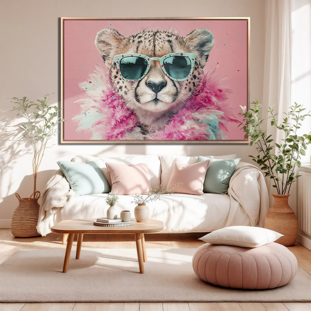 Framed Wall Art: Playful cheetah wearing sunglasses, vibrant pink and teal color palette. Modern art for a stylish living room.