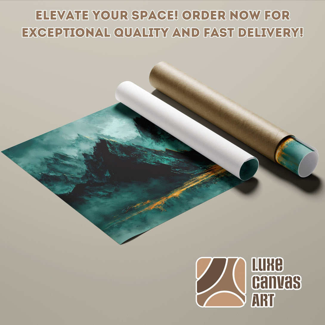 Abstract landscape Poster Roll art in teal and gold. Elevate your space with Luxe Canvas Art!