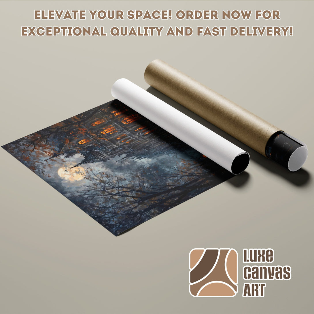 Poster Roll featuring a spooky night scene with a full moon, in a dark, moody color palette.