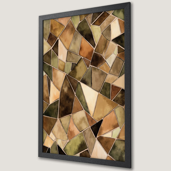 Framed Poster featuring abstract geometric design in earth-tone color palette of browns, greens, and beige. Modern art print for home decor.