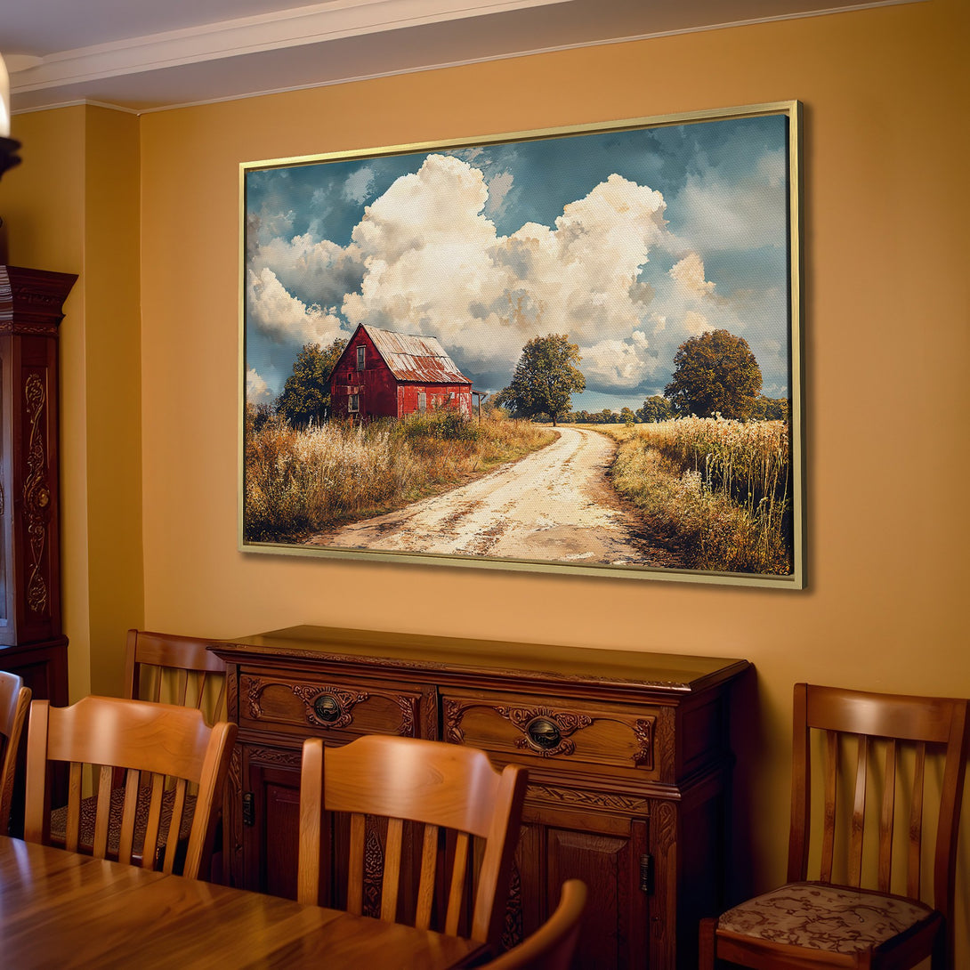 Canvas Print of a red barn landscape, rustic style, with a warm neutral color palette. Perfect farmhouse decor!