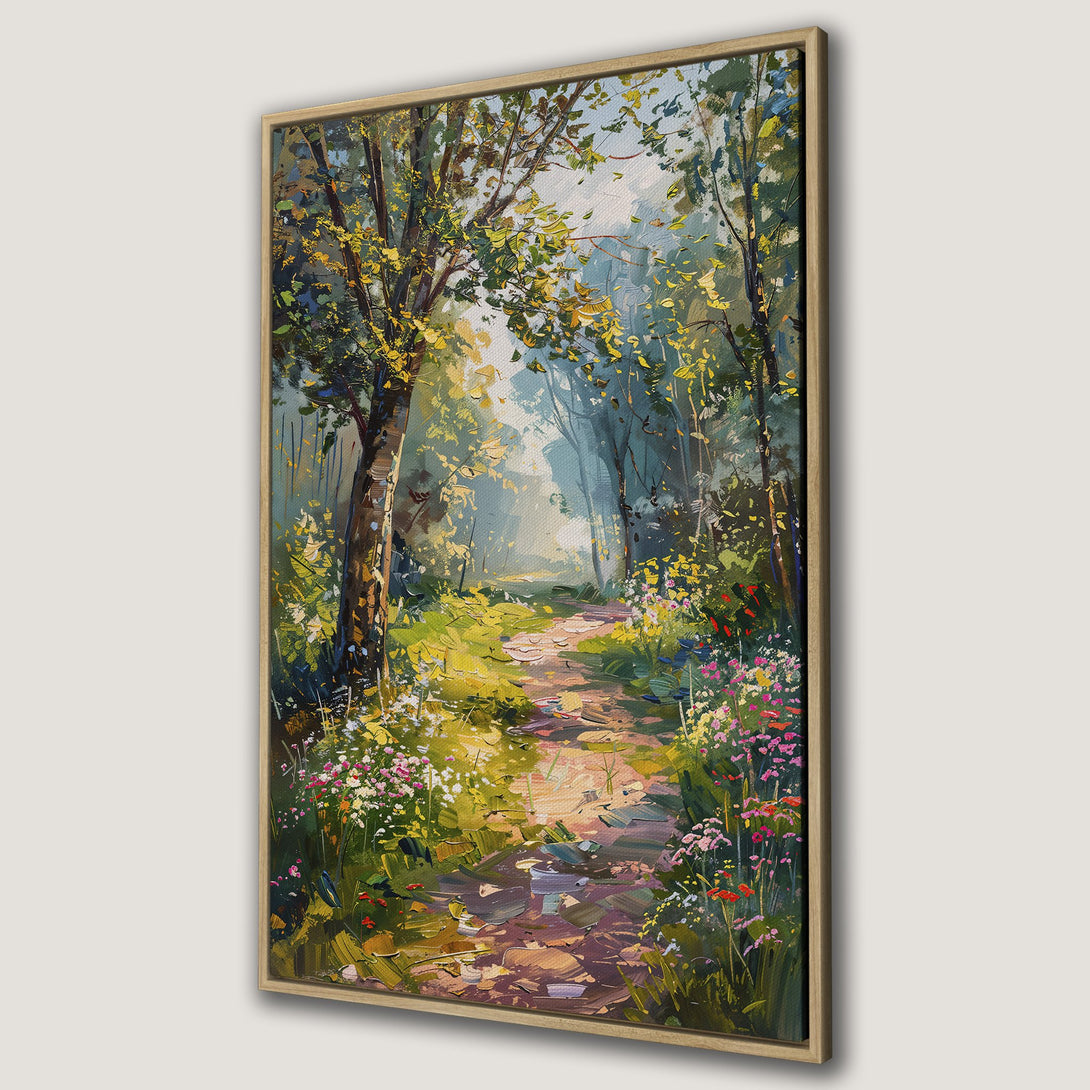 Framed Wall Art: Impressionist forest scene in green, yellow, and blue hues. Enhance your space with this beautiful canvas print!