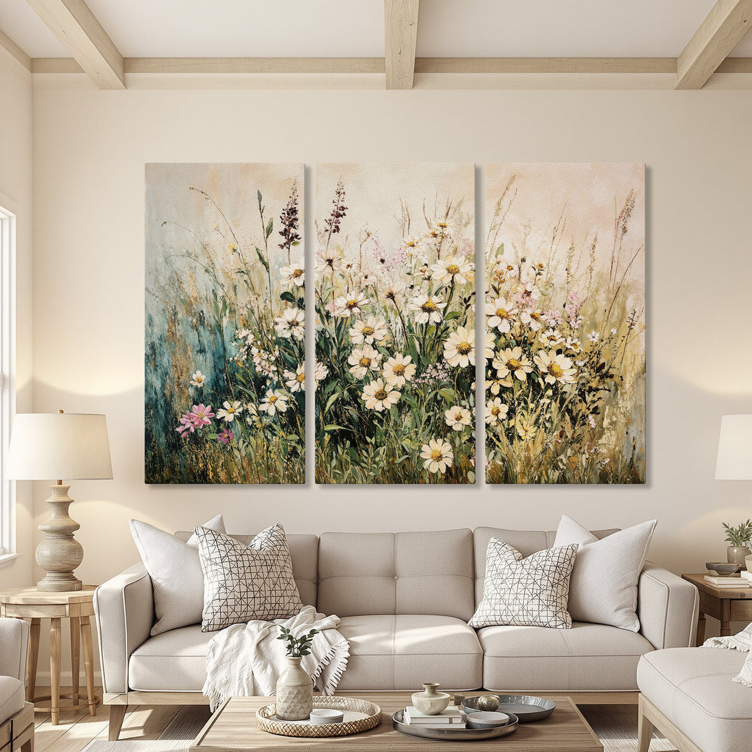 Canvas Print triptych featuring a floral meadow in a soft, neutral color palette. Perfect for adding a touch of nature to your living room.