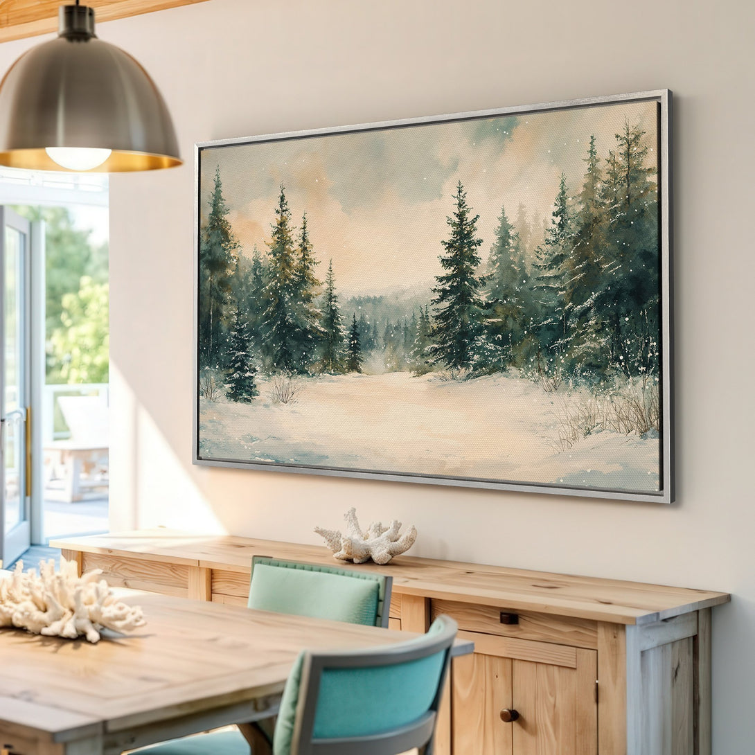 Framed Wall Art: Watercolor winter forest scene in muted greens and beige. Perfect for adding a touch of nature to your home decor.