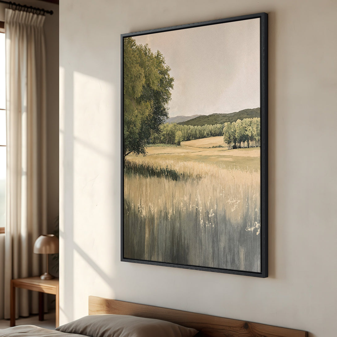 Framed Wall Art: Landscape Canvas Print with neutral color palette. Features a serene field scene in a modern, minimalist style. Perfect for bedroom decor.