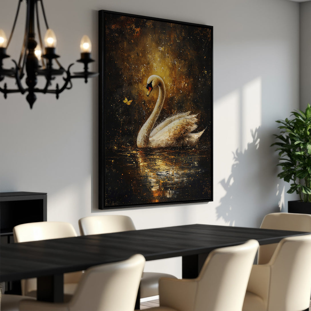 Framed Wall Art featuring a stunning swan painting in a dark, moody style with gold and black tones. Perfect for adding elegance to any space.