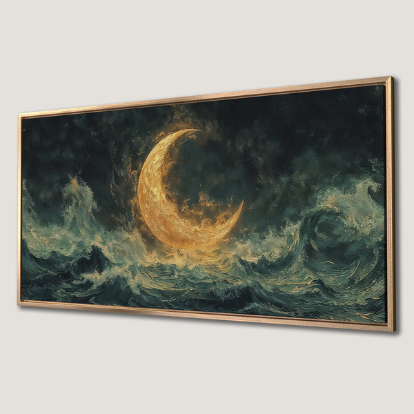 Framed Wall Art: Dramatic seascape with a golden crescent moon, painted in a textured, impressionistic style. Features a moody teal & gold color palette.