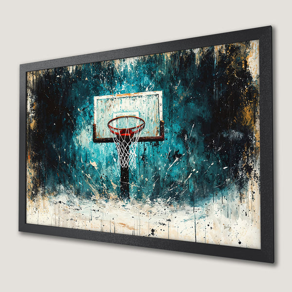 Framed Poster featuring an abstract basketball hoop in teal, black, and gold. Modern art for your wall!