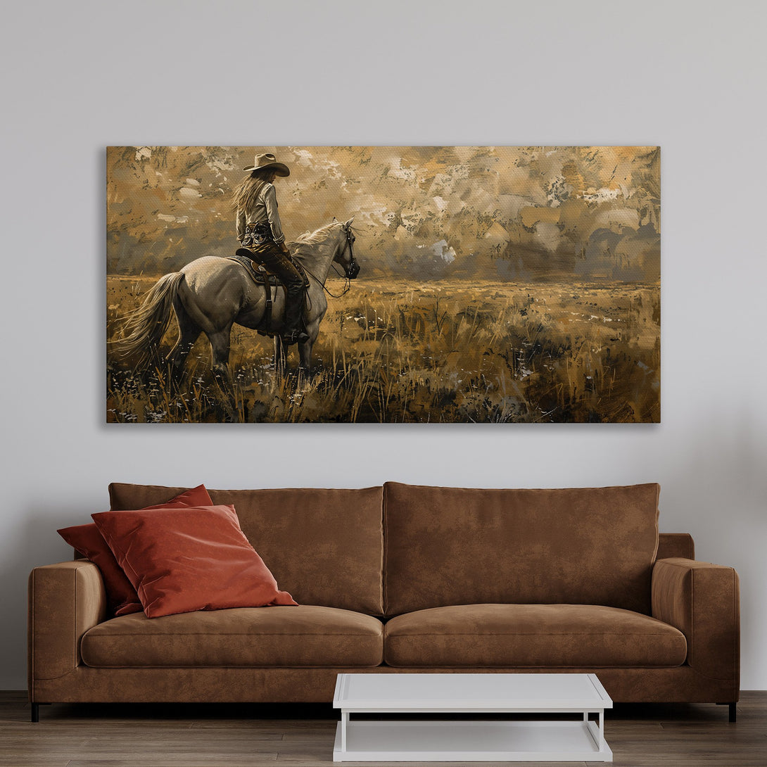 Framed Wall Art: Cowboy on horseback in a warm, earthy palette. Rustic style Canvas Print perfect for adding a touch of the Wild West to your home decor.
