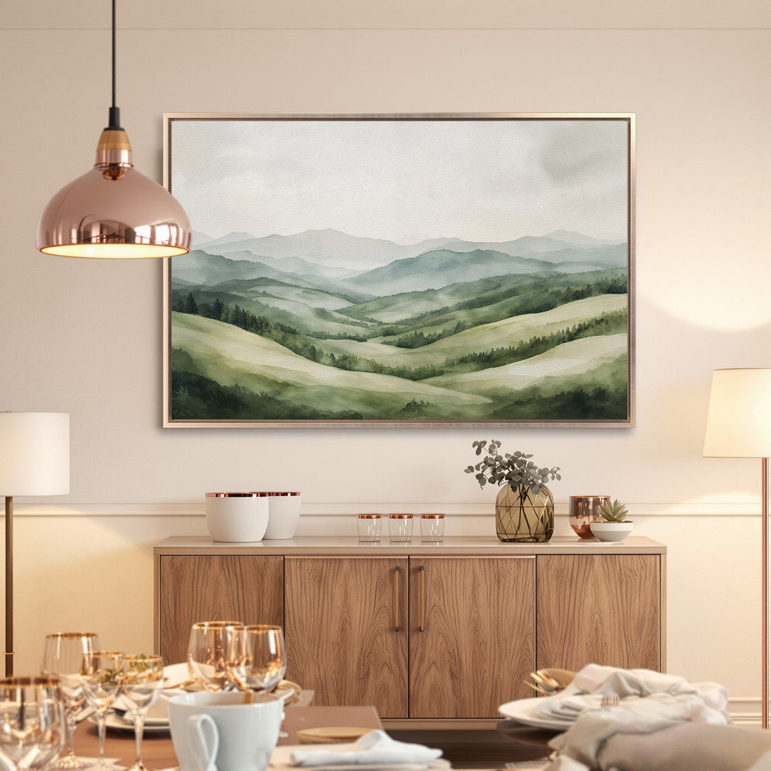 Framed Wall Art: Watercolor landscape Canvas Print with green and blue hues, perfect for adding a touch of nature to your home decor.