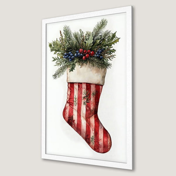 Framed Poster featuring a watercolor Christmas stocking with festive greenery and berries, showcasing a red and white color palette.