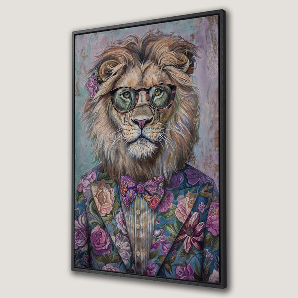 Framed Wall Art: Stylish lion portrait in a floral suit and glasses. Vibrant, whimsical art with a blue, purple, and gold color palette. Perfect wall decor!