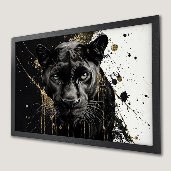 Framed Poster featuring a majestic black panther with gold accents. Modern art style, striking black, white, and gold color palette.