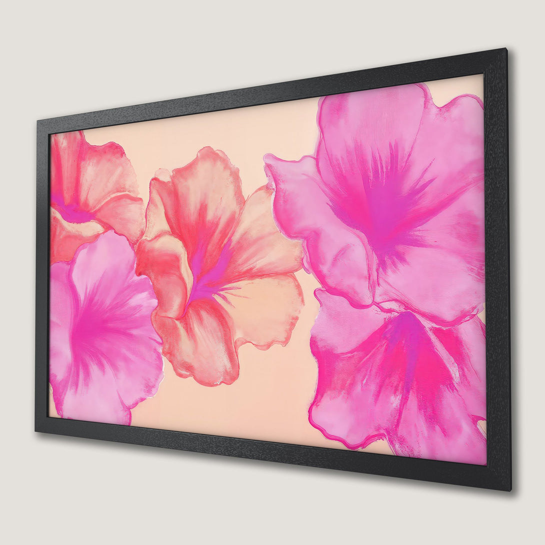 Framed Poster featuring vibrant pink floral art. Modern style with a warm, pink and peach color palette. Perfect wall decor!