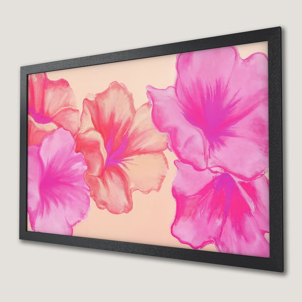 Framed Poster featuring vibrant pink floral art. Modern style with a warm, pink and peach color palette. Perfect wall decor!