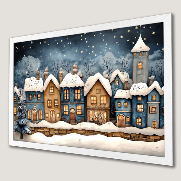 Framed Poster of a charming winter village scene. Watercolor style with blue, brown, and gold hues. Perfect holiday decor!