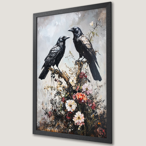 Framed Poster featuring two ravens on a floral branch. Artistic style with a muted color palette of black, white, and earthy tones. Perfect wall art!