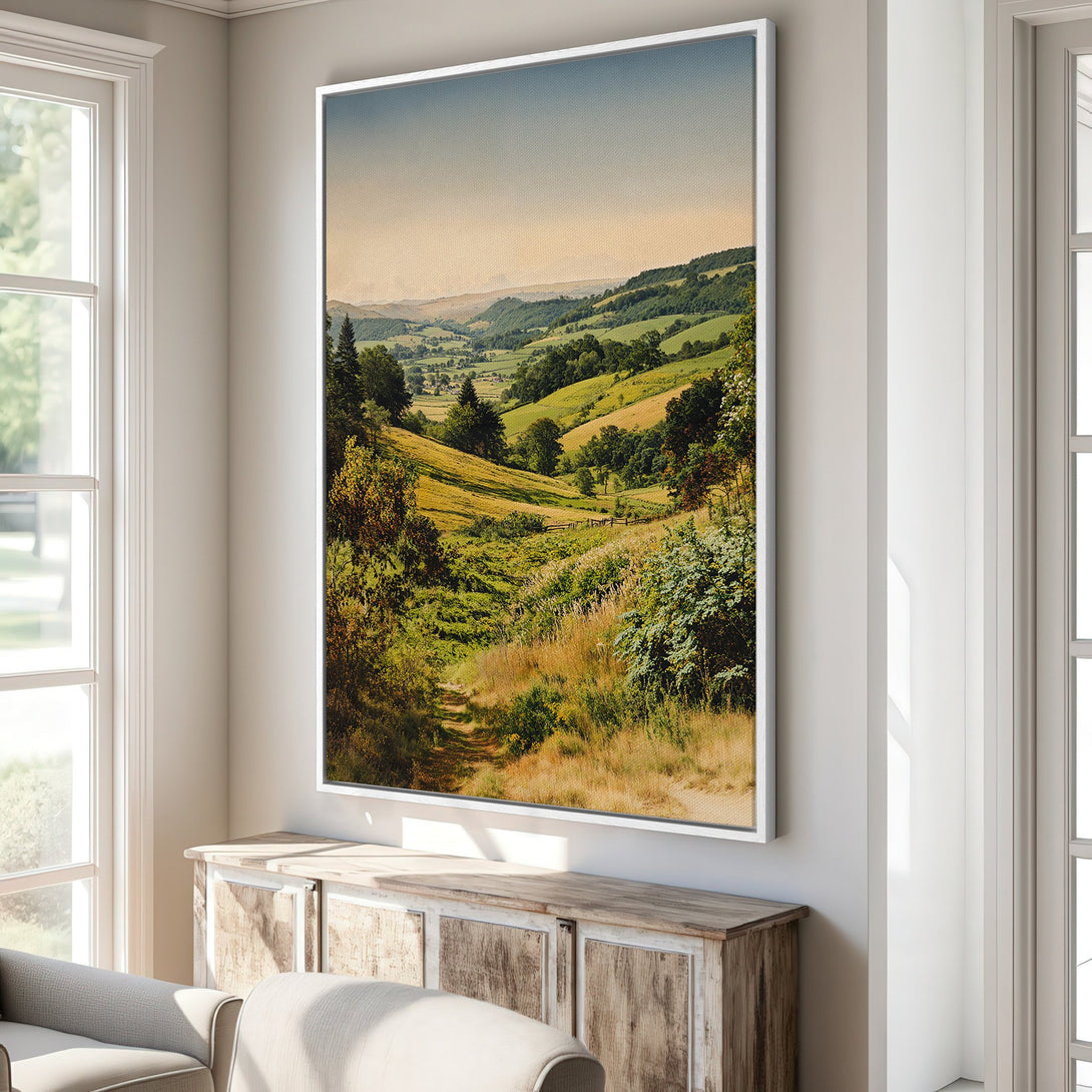 Framed Wall Art of a serene landscape in warm green and gold tones. Enhance your home with this stunning canvas print.