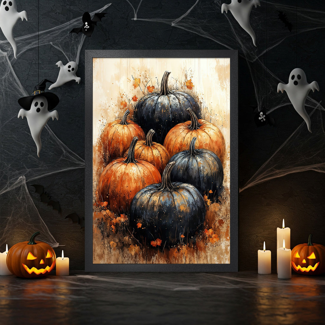 Framed Poster featuring a Halloween pumpkin illustration in an artistic style with a warm orange and black color palette. Perfect seasonal decor!